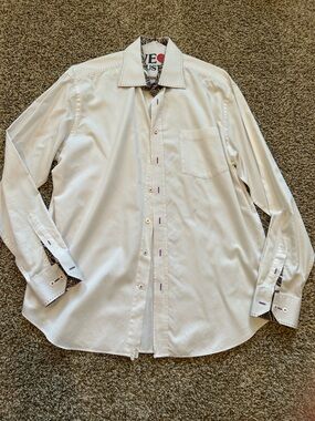 Bugatchi White Dress Shirt with Purple Accent Stitching